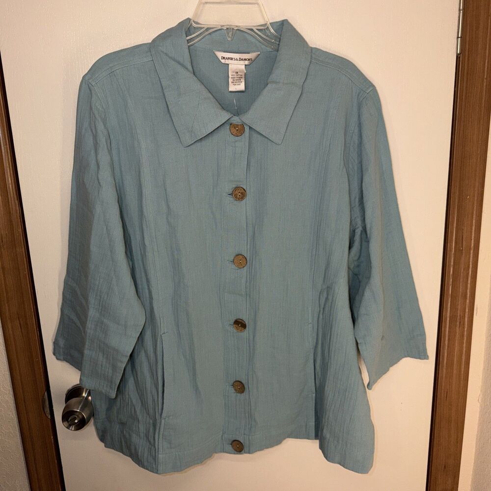 Draper's & Damon's Women’s  1X Top Blue Buttons 100% Cotton Gauze Blouse (Flaw